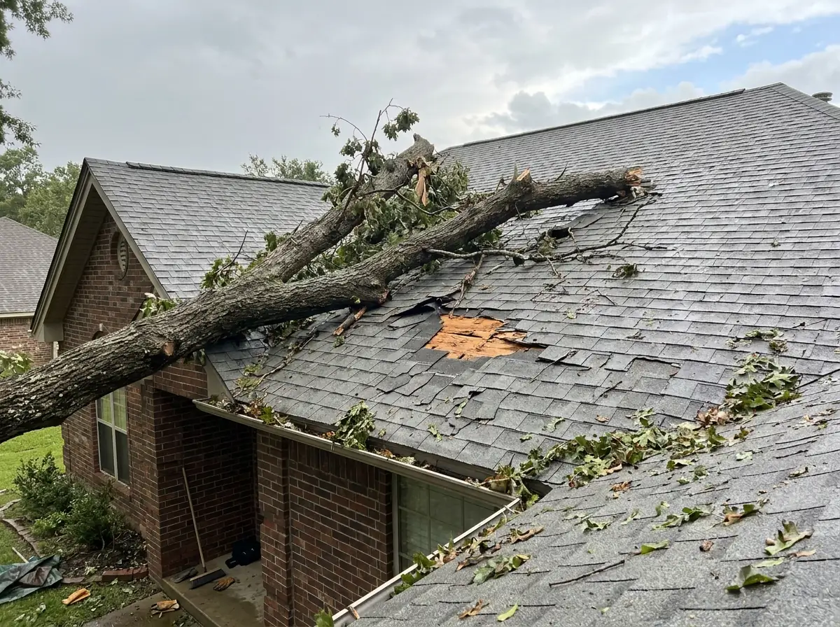 Fallen oak limb on a shingle roof with torn shingles after a storm