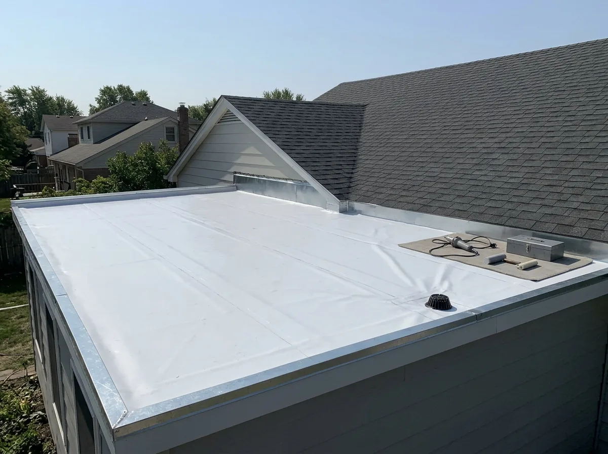 White TPO membrane on a low-slope roof over a home addition, with welded seams