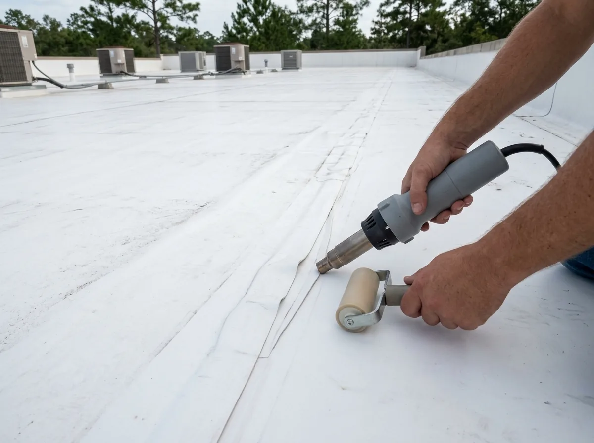 Roofer's heat-welding tool running along a seam of white TPO membrane on the flat roof of a single-story strip shopping center