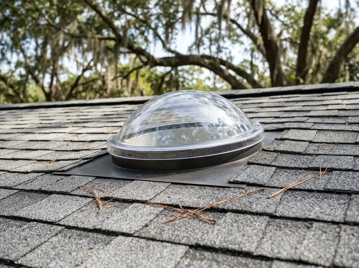 Small round acrylic tubular skylight dome on a gray shingle roof