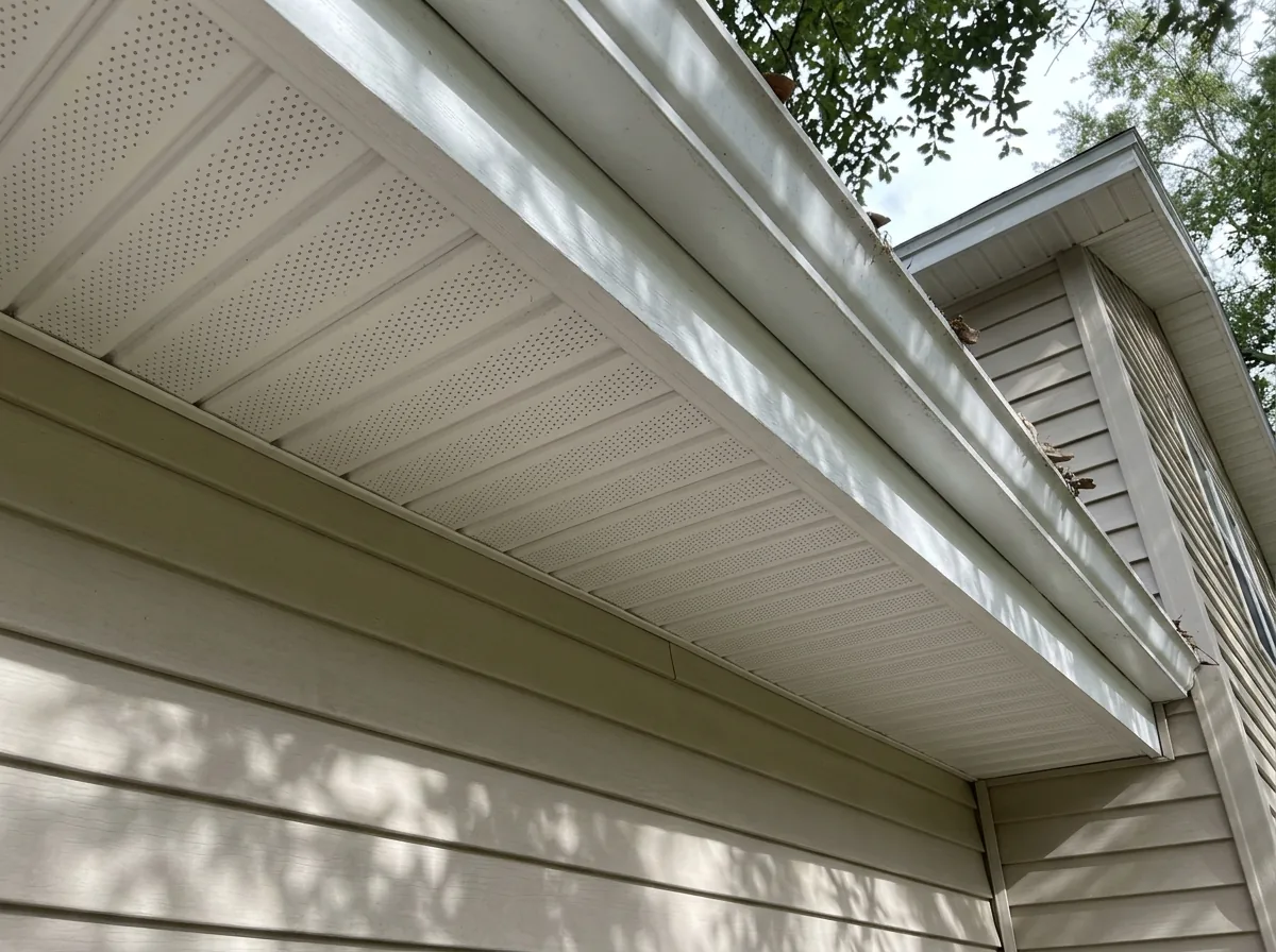 Row of white vented vinyl soffit panels under a roof overhang, meeting a painted fascia board and a white gutter
