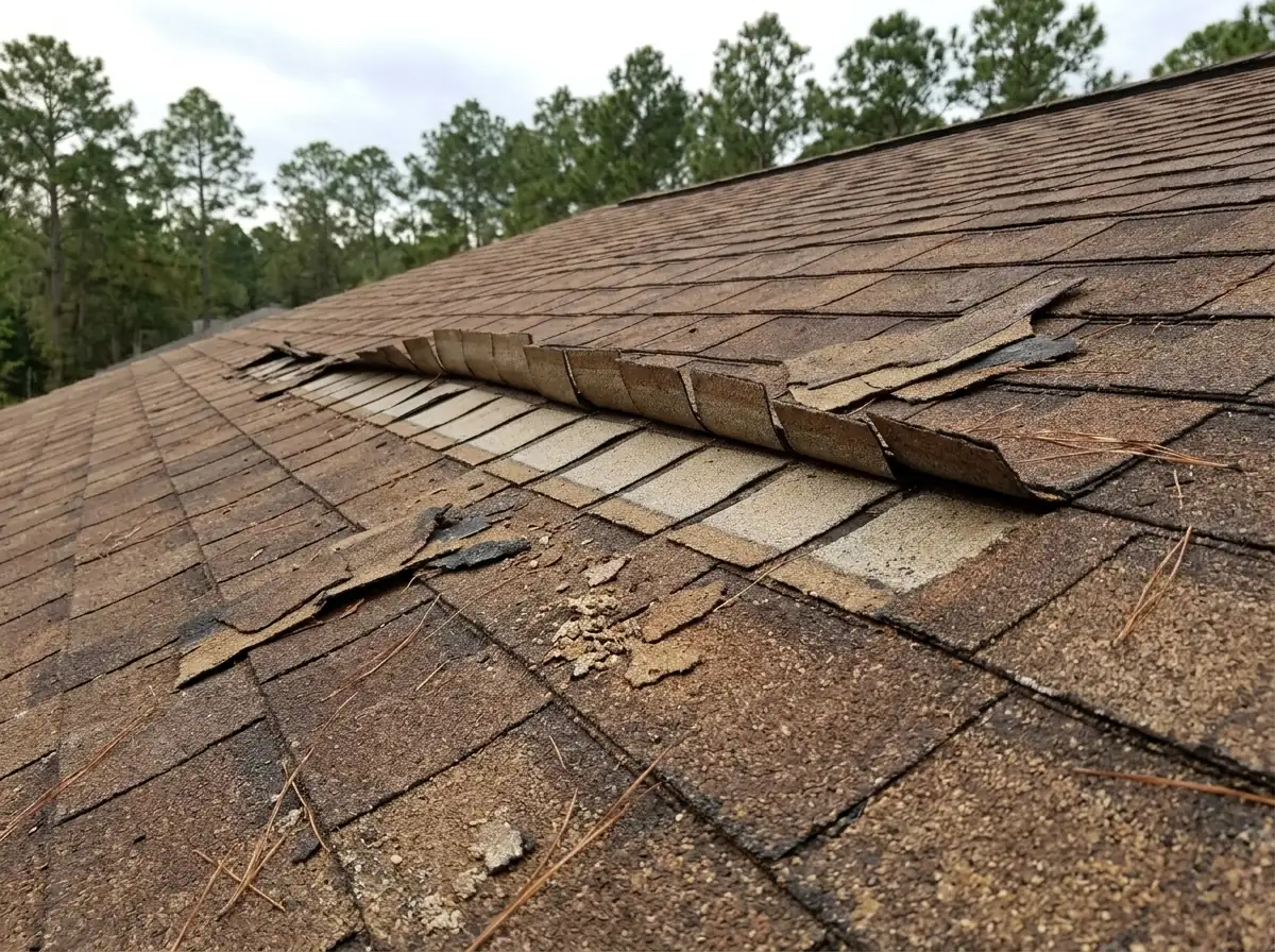 Row of asphalt shingle tabs folded back and creased along a roof slope after a windstorm, with lighter unweathered strips exposed